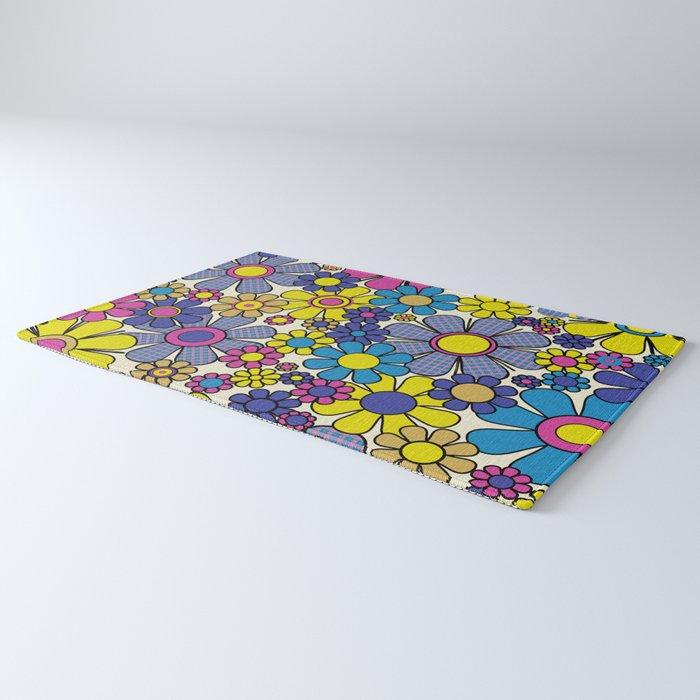 Retro Garden Groovy Maximalist Gingham Flowers 60s 70s Floral Pattern Rug Gallery Image 3