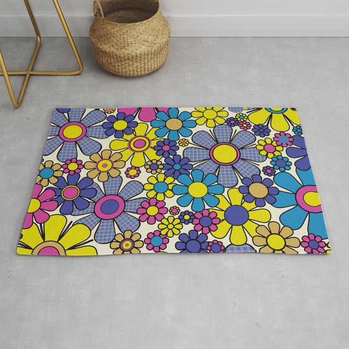 Retro Garden Groovy Maximalist Gingham Flowers 60s 70s Floral Pattern Rug Gallery Image 1