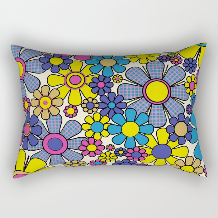 Retro Garden Groovy Maximalist Gingham Flowers 60s 70s Floral Pattern Rectangular Pillow Gallery Image 2