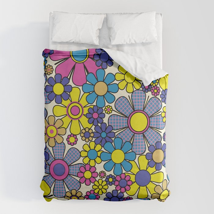 Retro Garden Groovy Maximalist Gingham Flowers 60s 70s Floral Pattern Duvet Cover Gallery Image 1