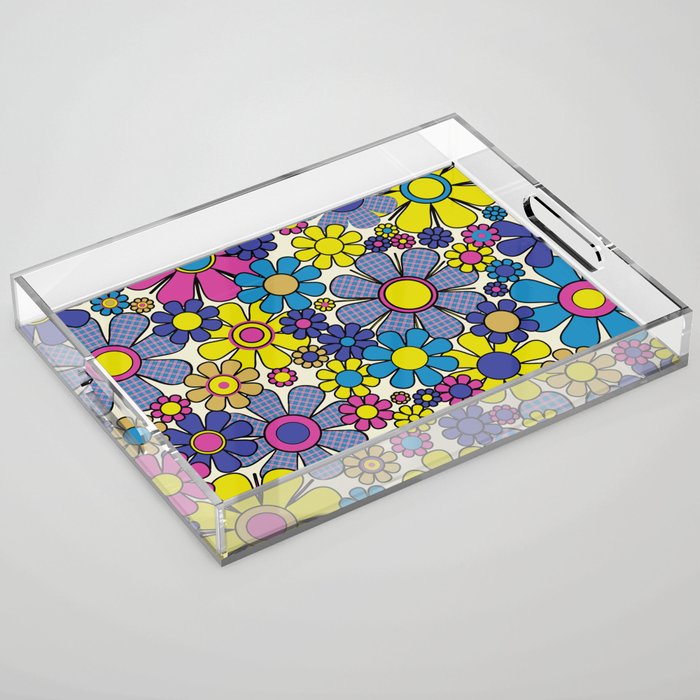 Retro Garden Groovy Maximalist Gingham Flowers 60s 70s Floral Pattern Acrylic Tray Gallery Image 1