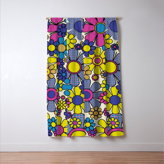 Retro Garden Groovy Maximalist Gingham Flowers 60s 70s Floral Pattern Window Curtain Gallery Image 3