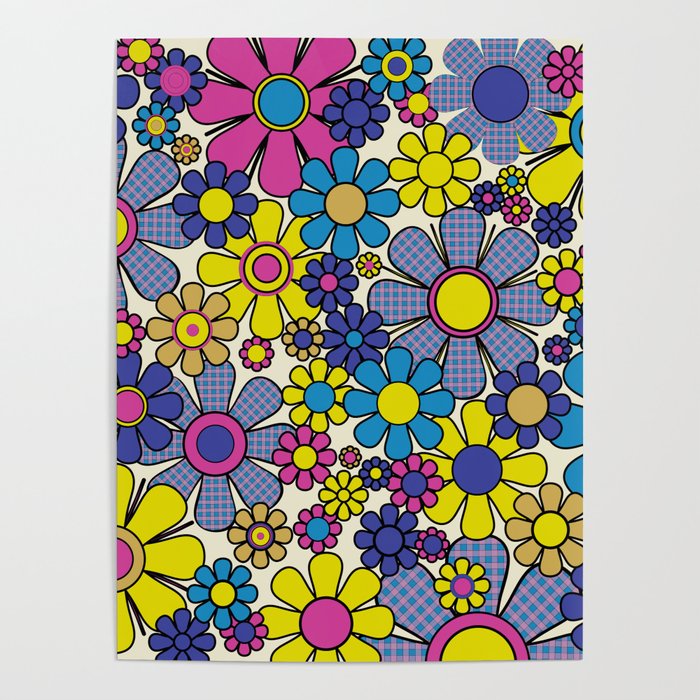 Retro Garden Groovy Maximalist Gingham Flowers 60s 70s Floral Pattern Poster Gallery Image 4