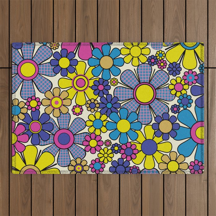 Retro Garden Groovy Maximalist Gingham Flowers 60s 70s Floral Pattern Outdoor Rug Gallery Image 1