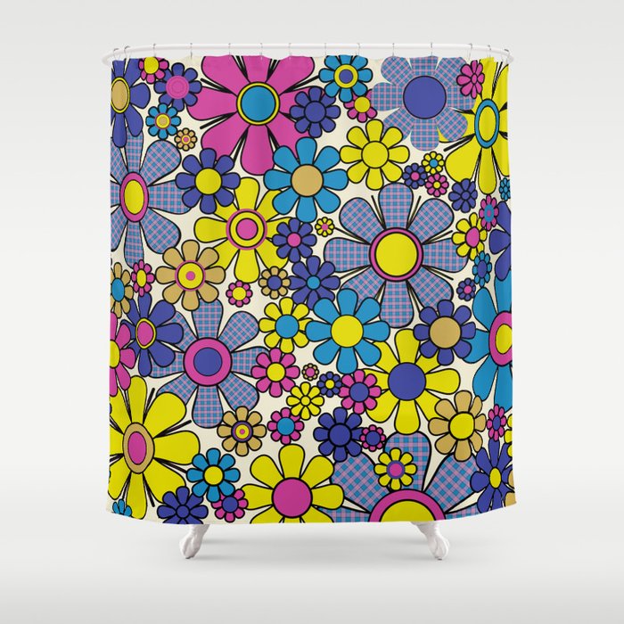 Retro Garden Groovy Maximalist Gingham Flowers 60s 70s Floral Pattern Shower Curtain Gallery Image 1