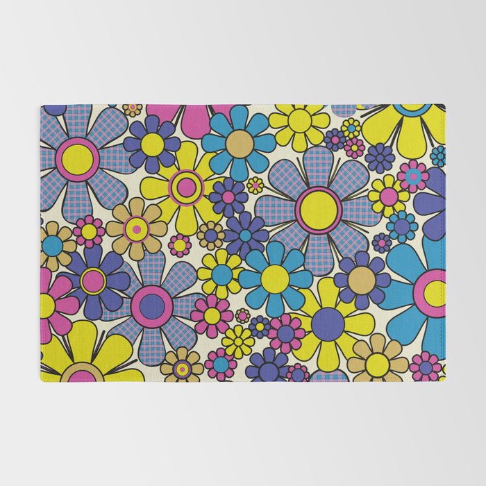 Retro Garden Groovy Maximalist Gingham Flowers 60s 70s Floral Pattern Rug Gallery Image 2