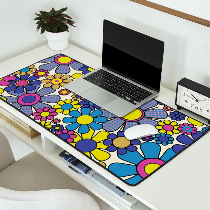 Retro Garden Groovy Maximalist Gingham Flowers 60s 70s Floral Pattern Desk Mat Gallery Image 2