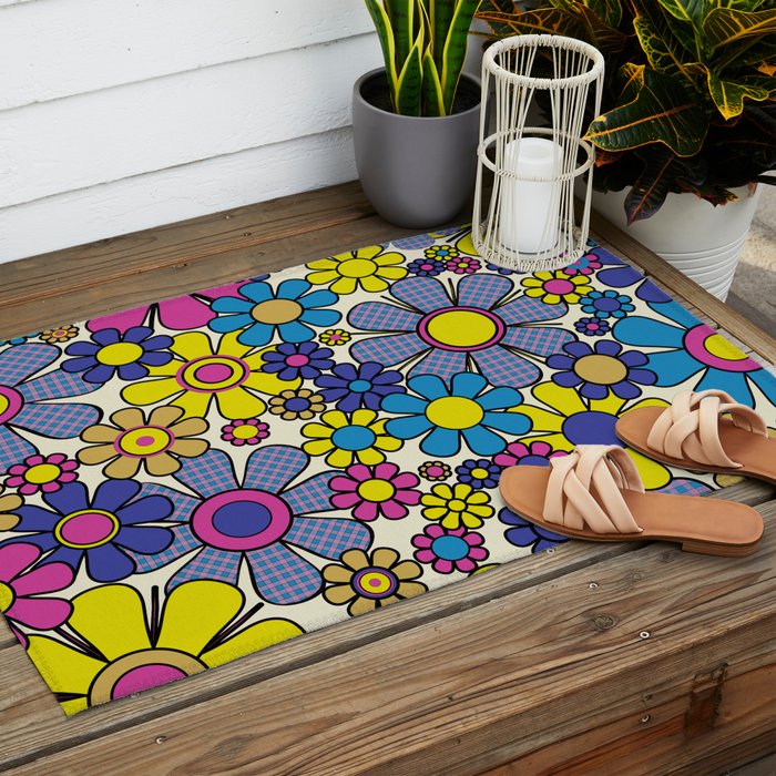 Retro Garden Groovy Maximalist Gingham Flowers 60s 70s Floral Pattern Outdoor Rug Gallery Image 2