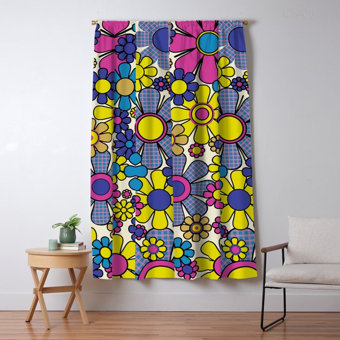 Retro Garden Groovy Maximalist Gingham Flowers 60s 70s Floral Pattern Window Curtain Gallery Image 1