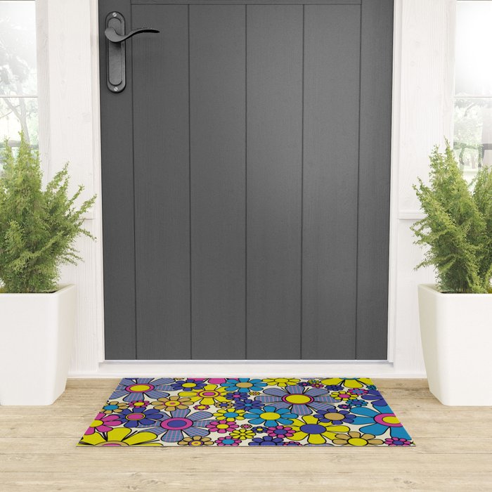Retro Garden Groovy Maximalist Gingham Flowers 60s 70s Floral Pattern Welcome Mat Gallery Image 3