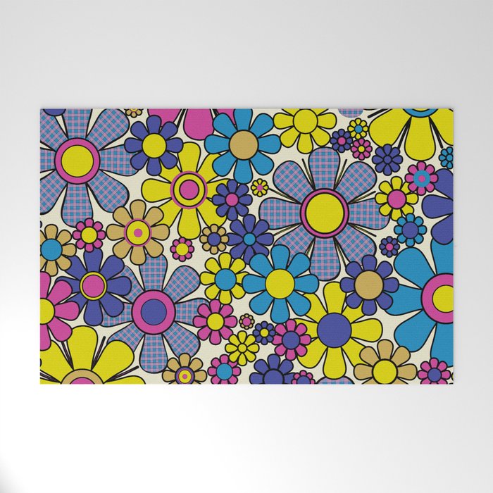 Retro Garden Groovy Maximalist Gingham Flowers 60s 70s Floral Pattern Welcome Mat Gallery Image 1