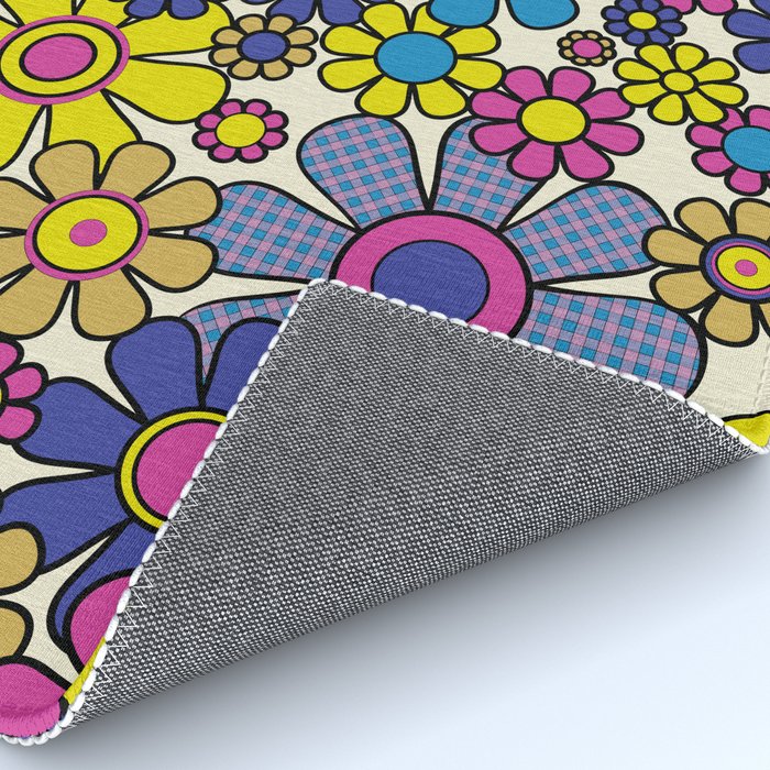 Retro Garden Groovy Maximalist Gingham Flowers 60s 70s Floral Pattern Rug Gallery Image 4