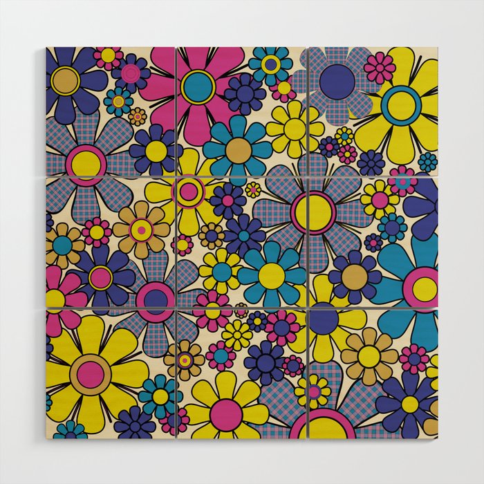 Retro Garden Groovy Maximalist Gingham Flowers 60s 70s Floral Pattern Wood Wall Art Gallery Image 1