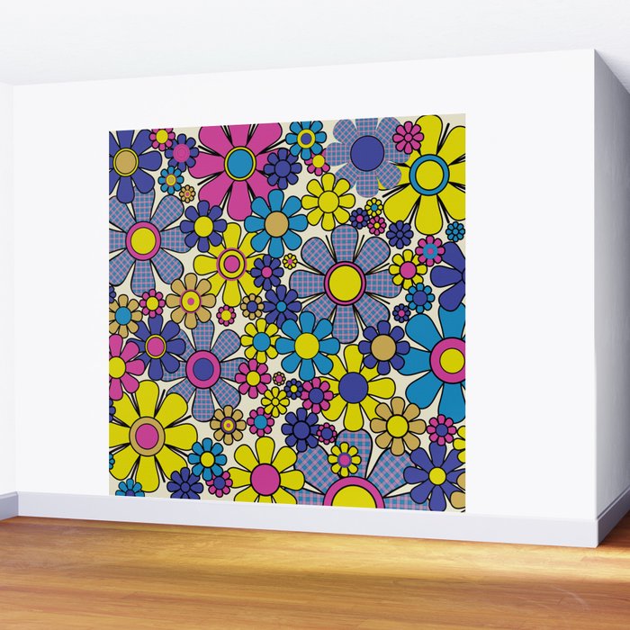 Retro Garden Groovy Maximalist Gingham Flowers 60s 70s Floral Pattern Wall Mural Gallery Image 2