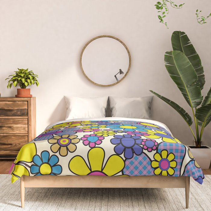 Retro Garden Groovy Maximalist Gingham Flowers 60s 70s Floral Pattern Comforter Gallery Image 3
