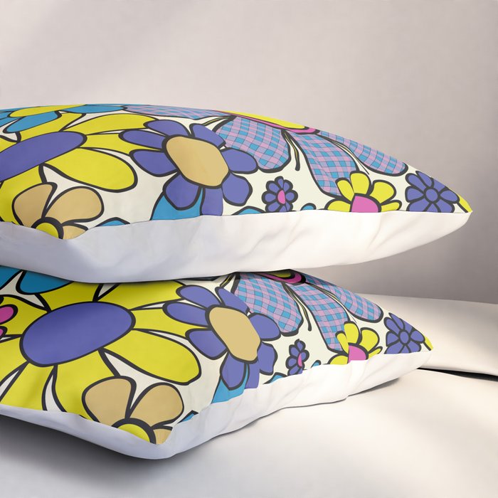 Retro Garden Groovy Maximalist Gingham Flowers 60s 70s Floral Pattern Pillow Sham Gallery Image 3