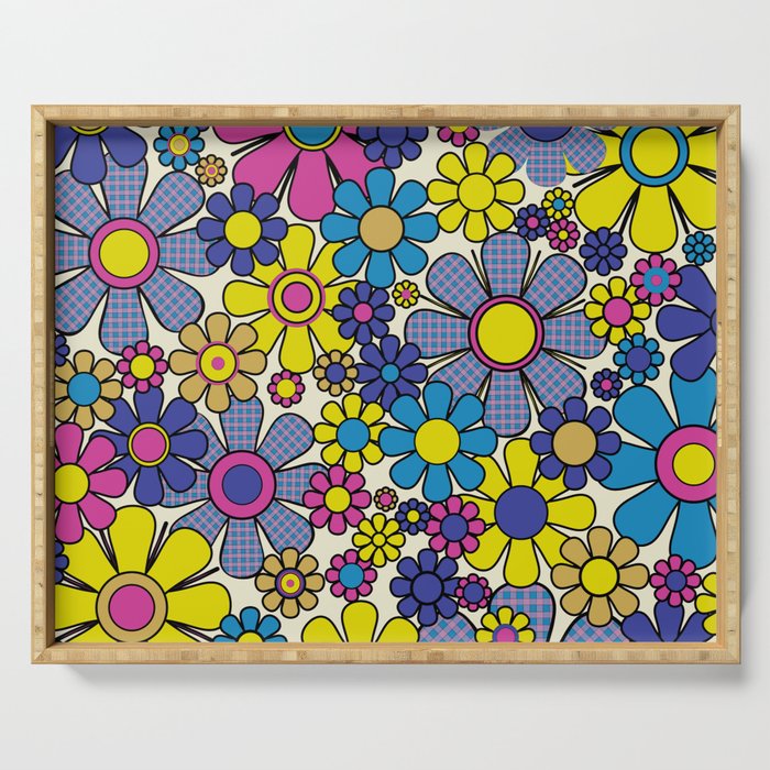 Retro Garden Groovy Maximalist Gingham Flowers 60s 70s Floral Pattern Serving Tray Gallery Image 1