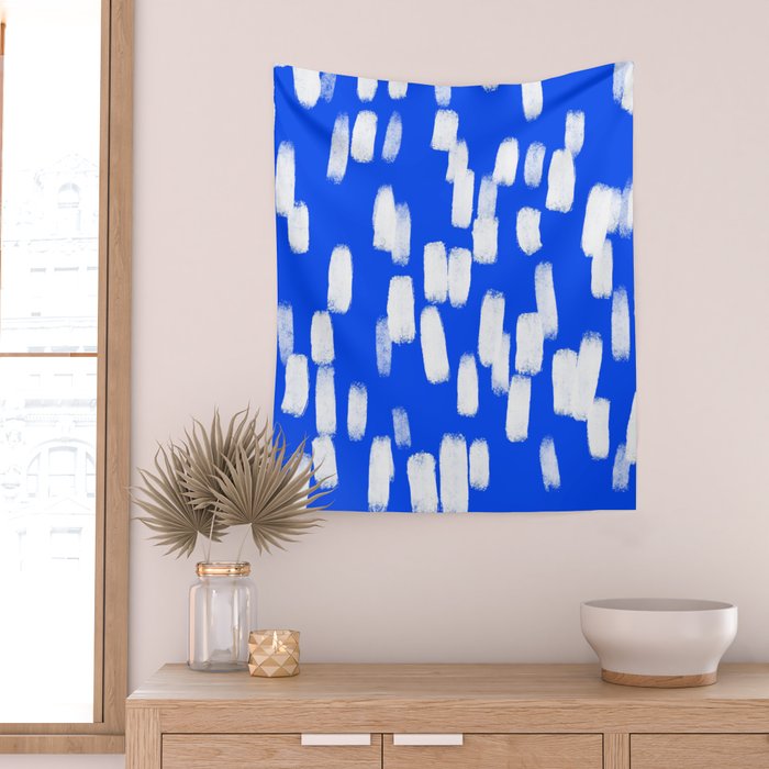 Cobalt Blue and White Brush Stroke Spots Wall Tapestry Gallery Image 2