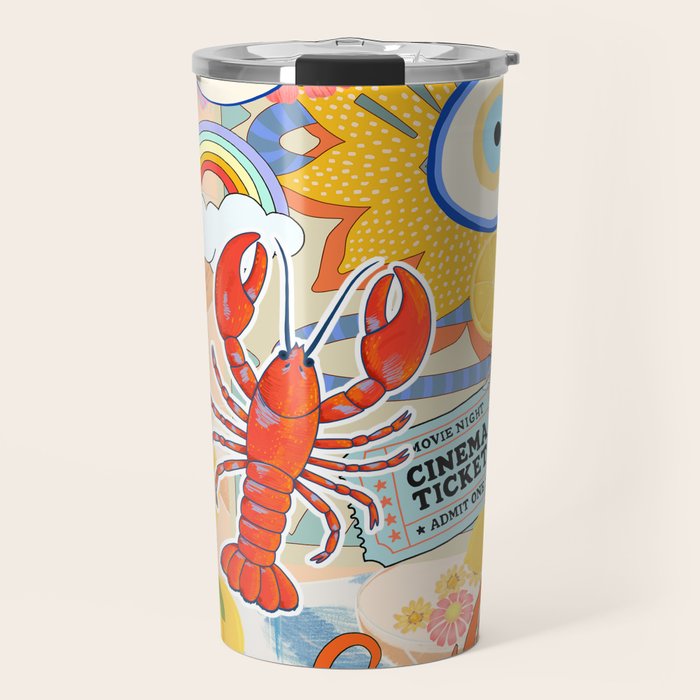 Eclectic Boho Summer Poster ,Good Vibes, Citrus, Sea Life Travel Mug Gallery Image 1