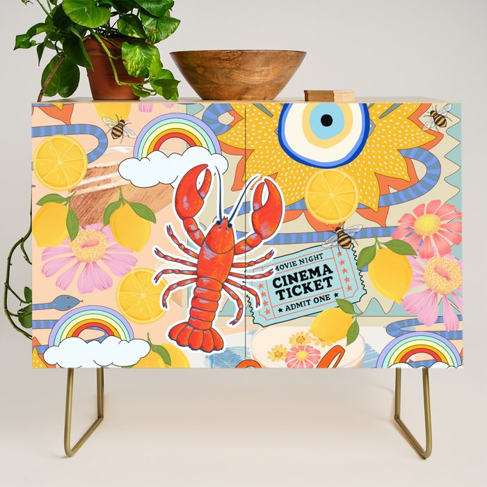 Eclectic Boho Summer Poster ,Good Vibes, Citrus, Sea Life Credenza Gallery Image 1