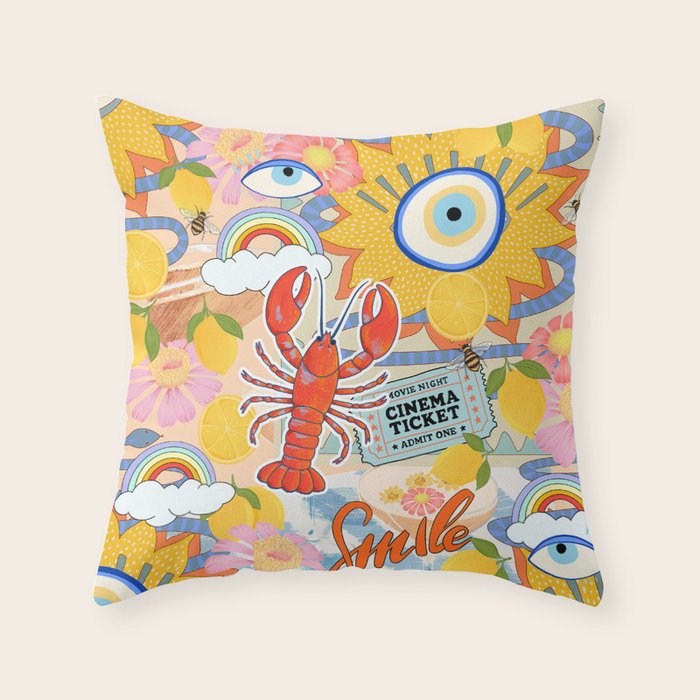 Eclectic Boho Summer Poster ,Good Vibes, Citrus, Sea Life Throw Pillow Gallery Image 6