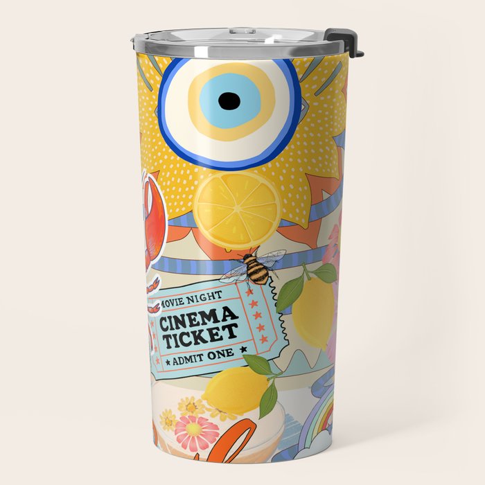 Eclectic Boho Summer Poster ,Good Vibes, Citrus, Sea Life Travel Mug Gallery Image 2