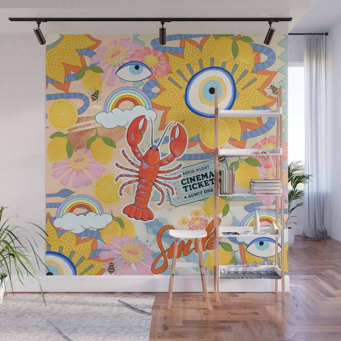 Eclectic Boho Summer Poster ,Good Vibes, Citrus, Sea Life Wall Mural Gallery Image 1