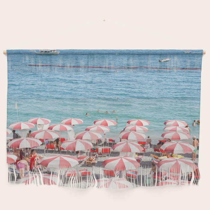 The Red Beach Umbrellas | Amalfi Coast Travel Photography | Europe Summer in Italy in Color Wall Hanging Gallery Image 1