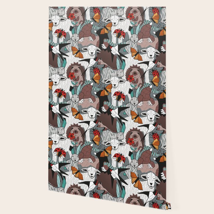 Geo spring animal party // green grey linen texture background brown aqua mint orange and neon red details Wallpaper Gallery Image 2