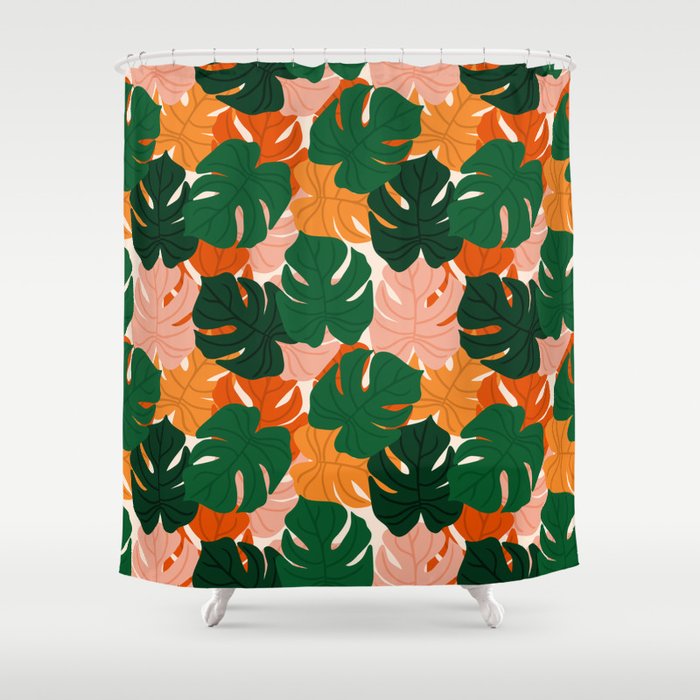 Vibrant Monstera Leaf Pattern Shower Curtain Gallery Image 1