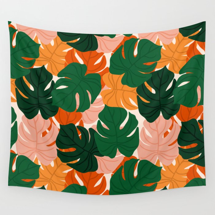 Vibrant Monstera Leaf Pattern Wall Tapestry Gallery Image 4