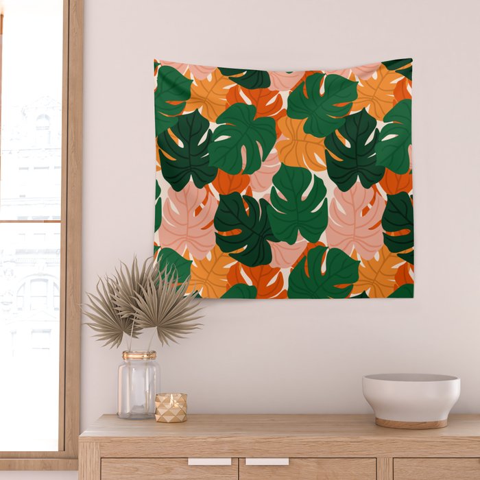 Vibrant Monstera Leaf Pattern Wall Tapestry Gallery Image 2