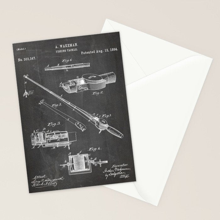 Fishing Rod Patent - Fishing Art - Black Chalkboard Stationery Card Gallery Image 2