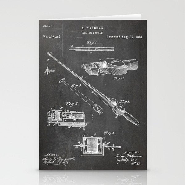 Fishing Rod Patent - Fishing Art - Black Chalkboard Stationery Card Gallery Image 2