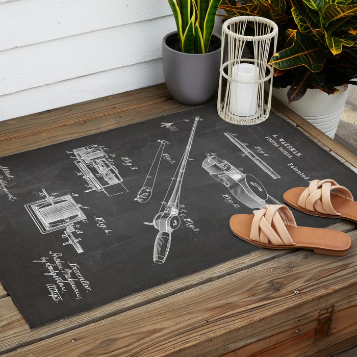 Fishing Rod Patent - Fishing Art - Black Chalkboard Outdoor Rug Gallery Image 2