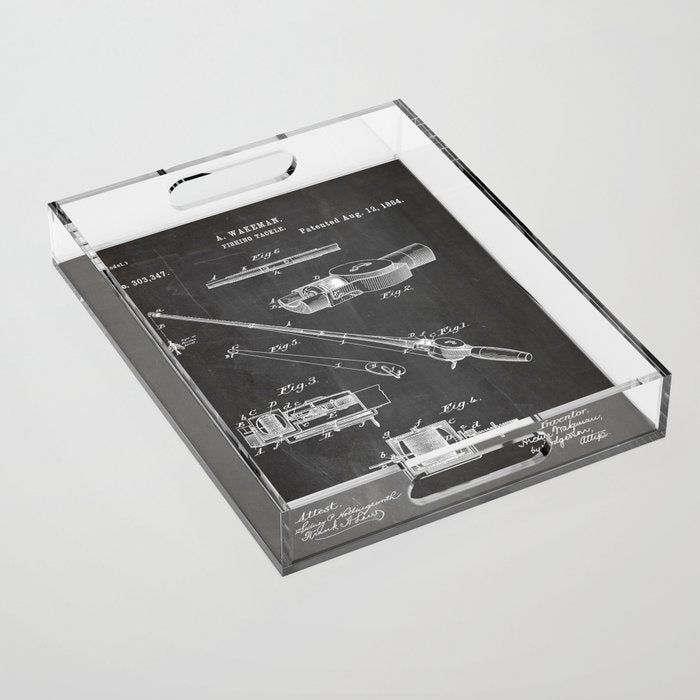 Fishing Rod Patent - Fishing Art - Black Chalkboard Acrylic Tray Gallery Image 1