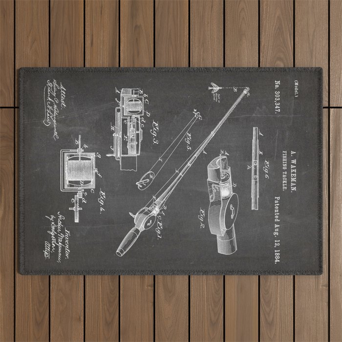Fishing Rod Patent - Fishing Art - Black Chalkboard Outdoor Rug Gallery Image 1