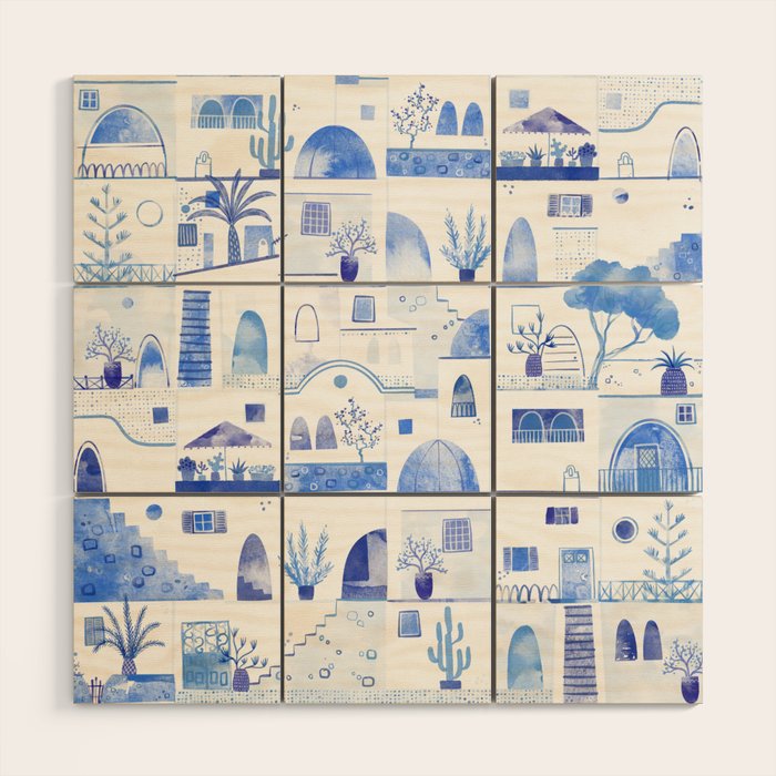 Santorini Greek Island Mediterranean Watercolor Wood Wall Art Gallery Image 1