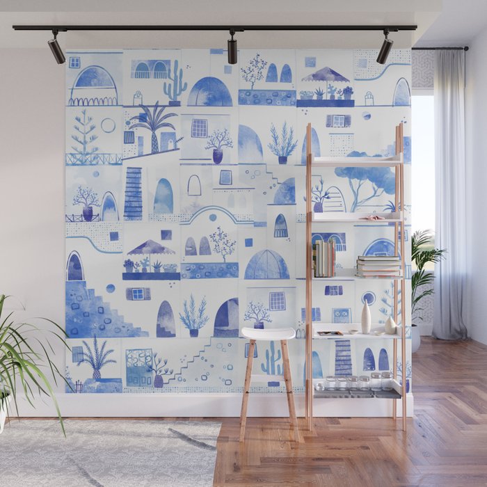 Santorini Greek Island Mediterranean Watercolor Wall Mural Gallery Image 1
