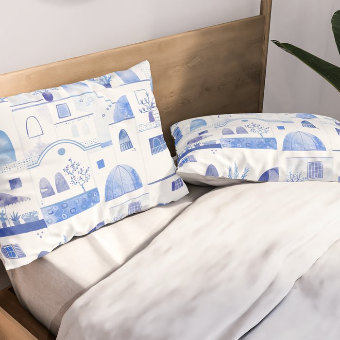 Santorini Greek Island Mediterranean Watercolor Pillow Sham Gallery Image 2