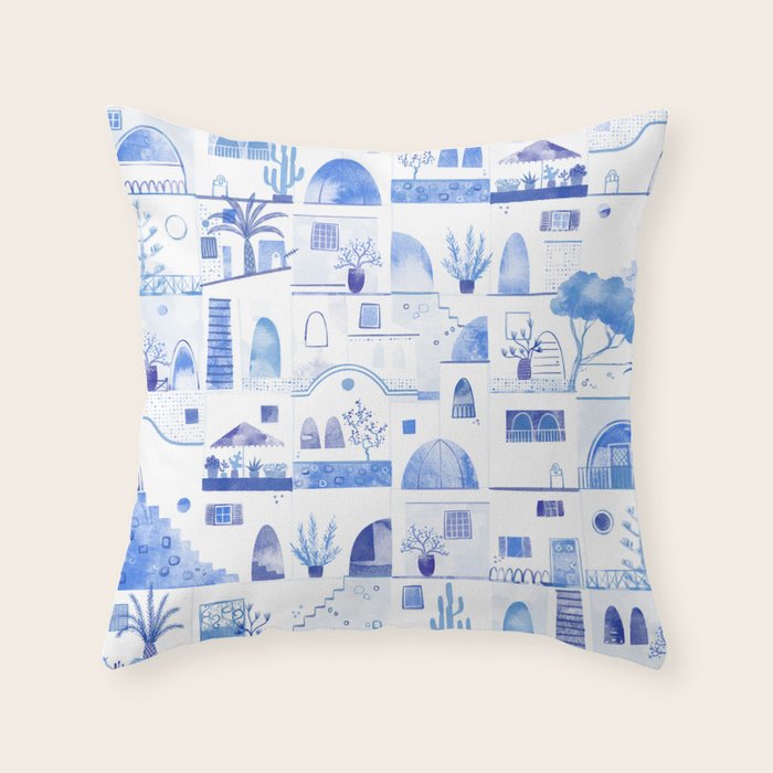 Santorini Greek Island Mediterranean Watercolor Throw Pillow Gallery Image 1