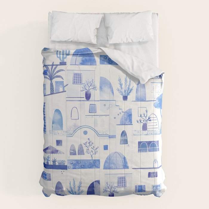 Santorini Greek Island Mediterranean Watercolor Comforter Gallery Image 1