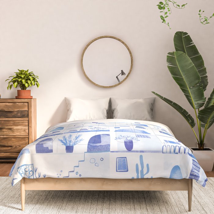 Santorini Greek Island Mediterranean Watercolor Comforter Gallery Image 3