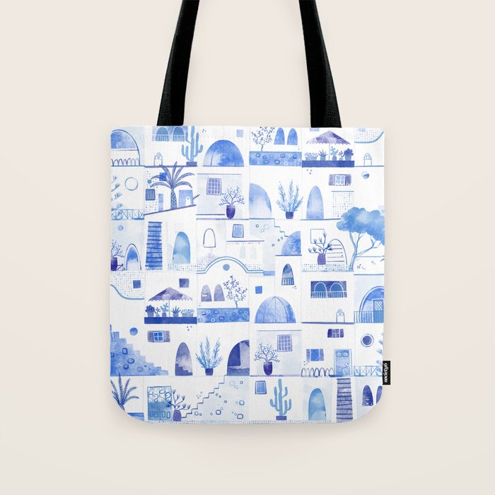 Santorini Greek Island Mediterranean Watercolor Tote Bag Gallery Image 1