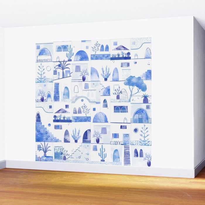 Santorini Greek Island Mediterranean Watercolor Wall Mural Gallery Image 2