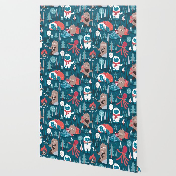 Besties // blue background white Yeti brown Bigfoot blue pine trees red and coral details Wallpaper Gallery Image 2