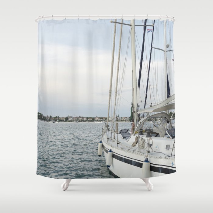 Sailboat in Croatian Harbor - Nautical Travel Photography  Shower Curtain Gallery Image 1