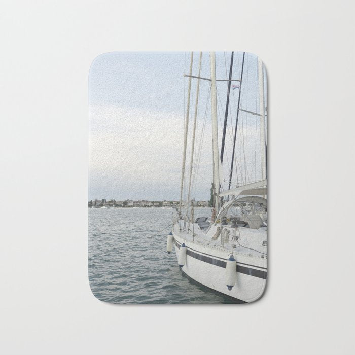 Sailboat in Croatian Harbor - Nautical Travel Photography  Bath Mat Gallery Image 1