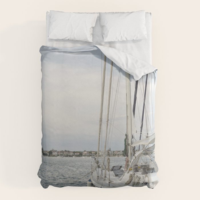 Sailboat in Croatian Harbor - Nautical Travel Photography  Duvet Cover Gallery Image 6