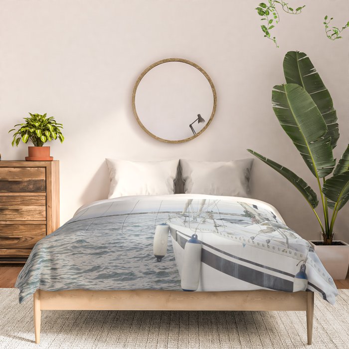 Sailboat in Croatian Harbor - Nautical Travel Photography  Comforter Gallery Image 3